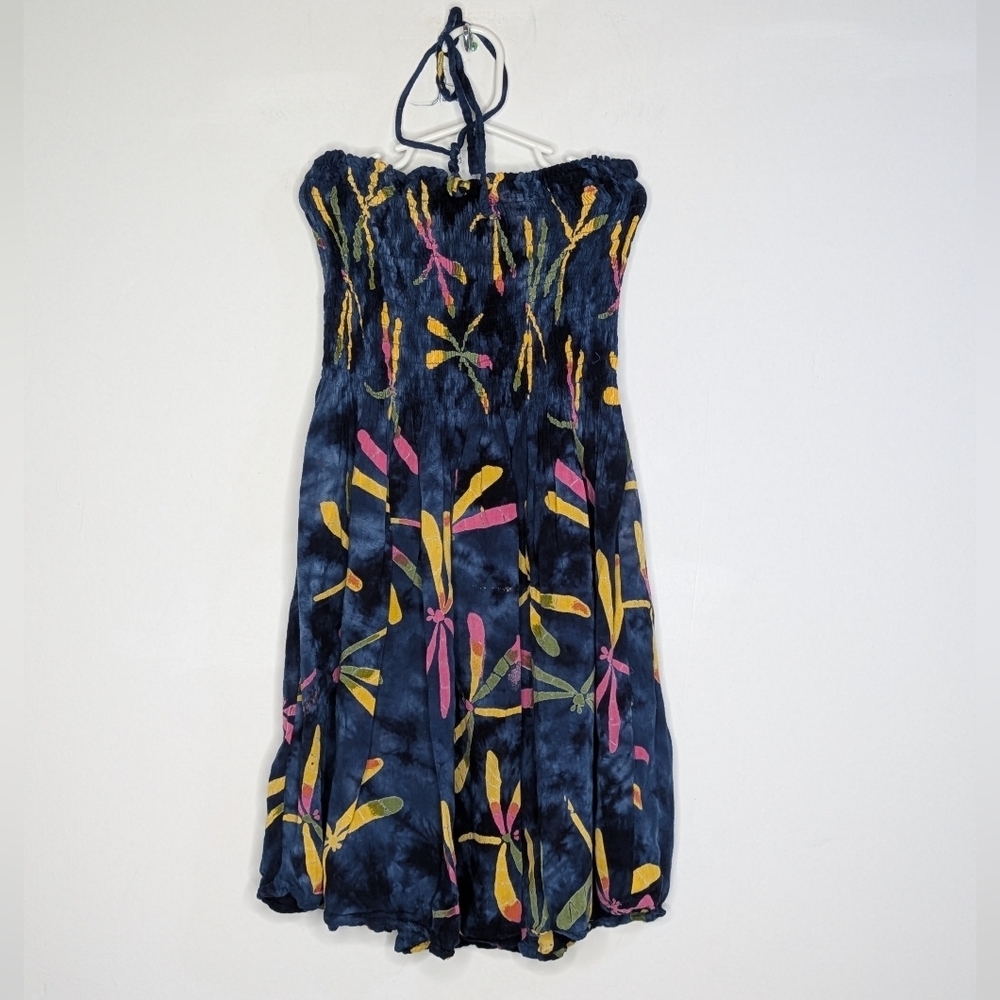 ✨3/$15 CYN By Cynthia Mehra Blue Colorful Dragonfly Tie Back Halter Dress OS